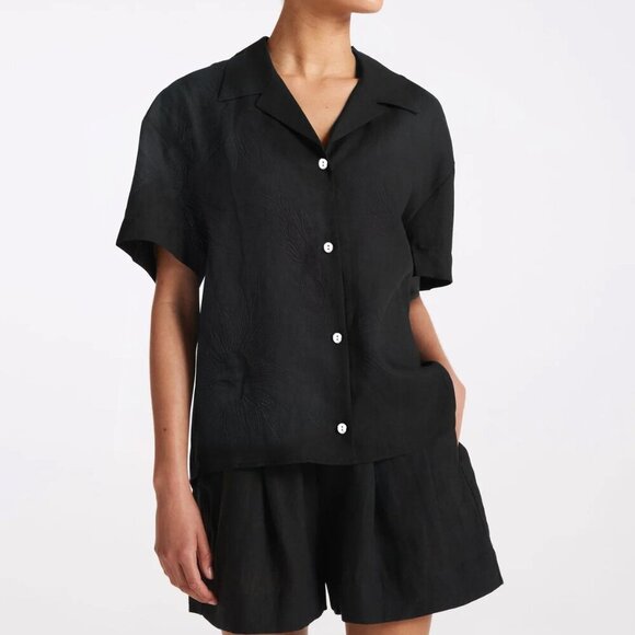 Joie Boxy Black Cropped Embroidered Linen Blouse Shell Buttons Medium - Picture 1 of 10